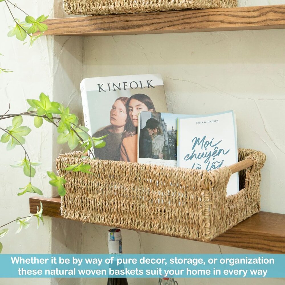 Large Natural Wicker Basket Rectangular with Wooden Handles, Seagrass Storage fo - Picture 2 of 9